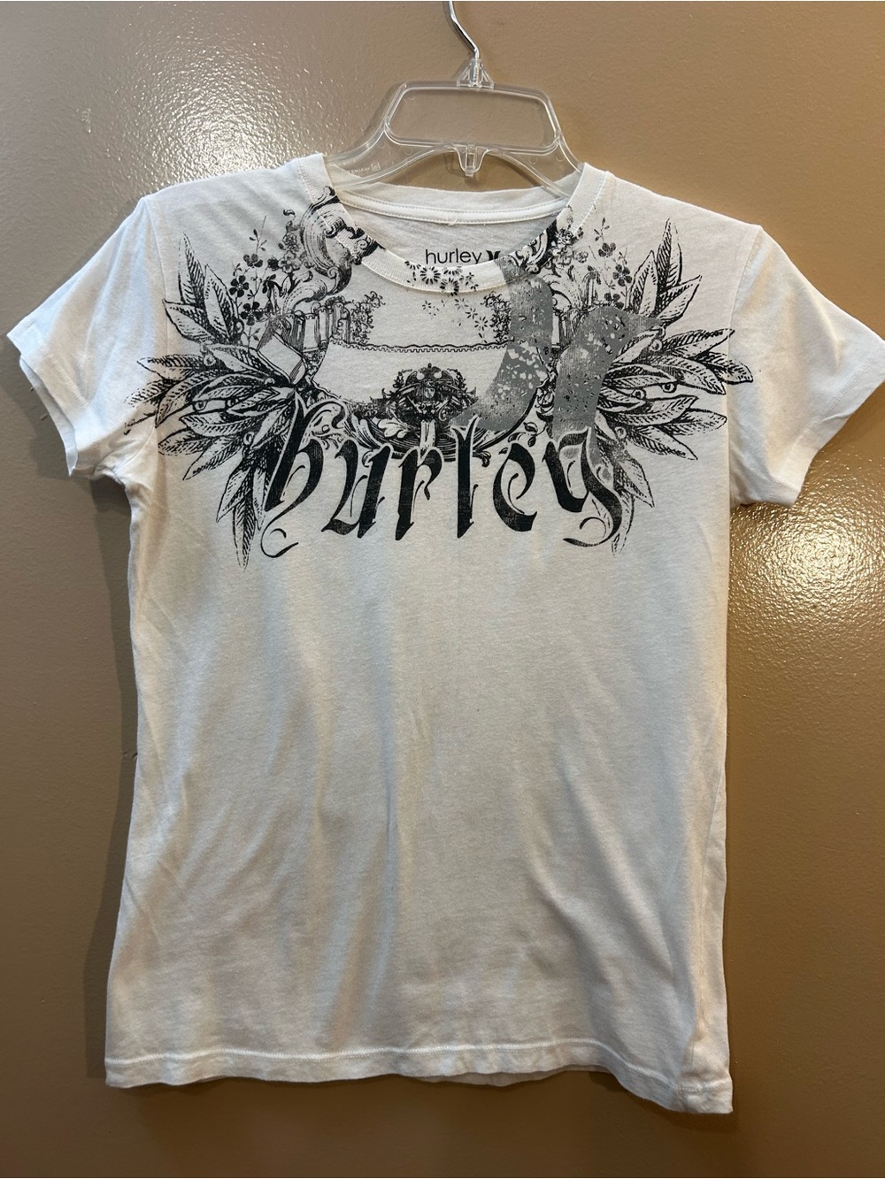 Hurley White Tee with Black Floral Script Logo